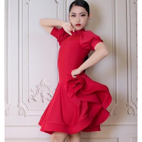 Girls kids red color ballroom latin dance dresses children short sleeves salsa chacha rumba dance costumes for children